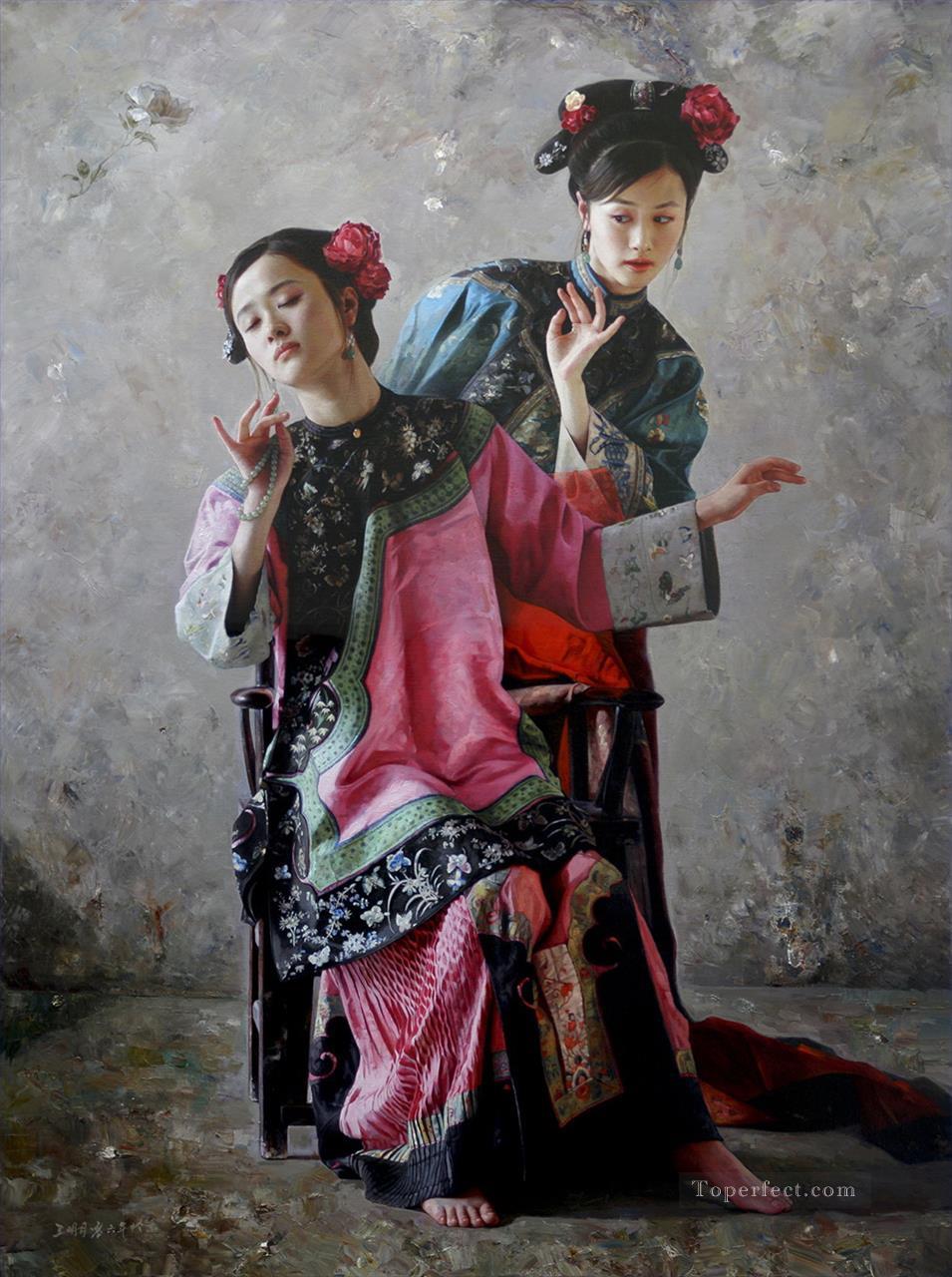 夢の中で花を求める中国人の女の子油絵